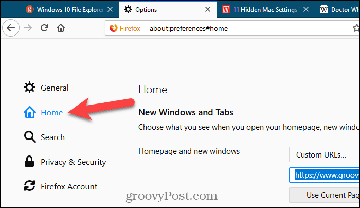 Kliknite na domovskej stránke Nastavenia na Firefox