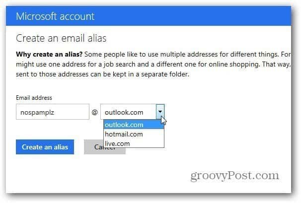 Podpora prepojeného účtu Microsoft Ending Outlook.com pre aliasy