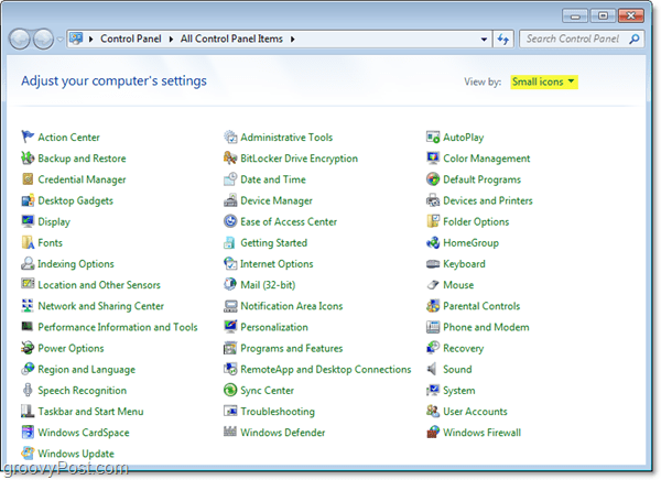 Ovládací panel systému Windows 7 sa automaticky zobrazuje v zobrazení malých ikon