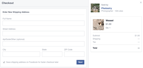 zákazník zadá dodacie údaje pre prvý nákup na facebooku