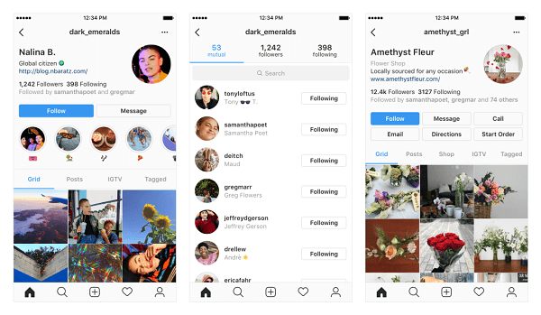 Príklady potenciálnych zmien vo vašom profile na Instagrame.