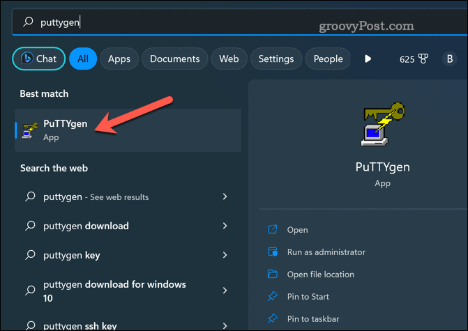 Spustite puttygen v systéme Windows 11