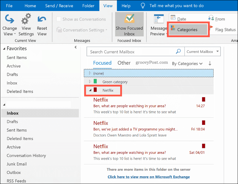 E-maily zoradené podľa kategórie farieb v programe Outlook