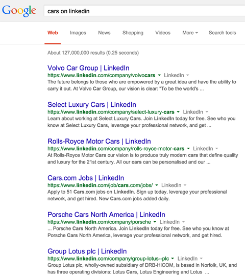 Výsledkom stránky spoločnosti Linkedin sú výsledky vyhľadávania Google pre automobily na stránkach Linkedin