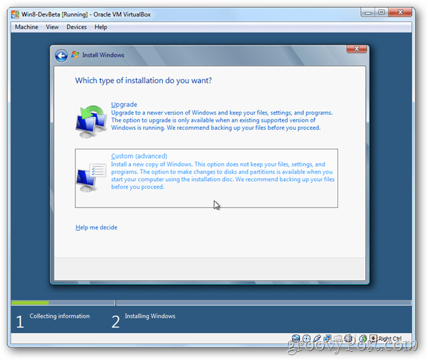 VirtualBox Windows 8 zvoliť vlastnú inštaláciu