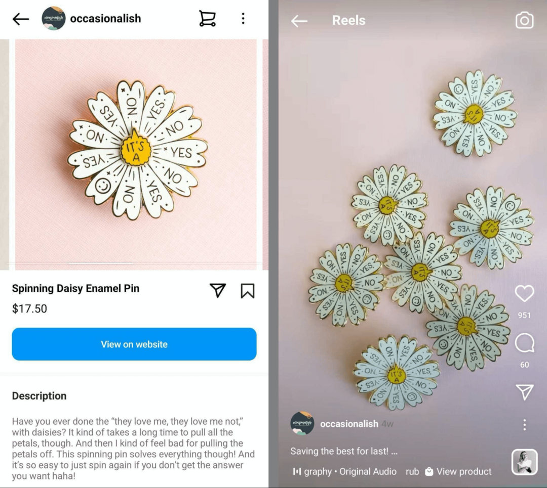 obrázok rovnakého produktu v obchode na Instagrame a na kotúči Instagramu