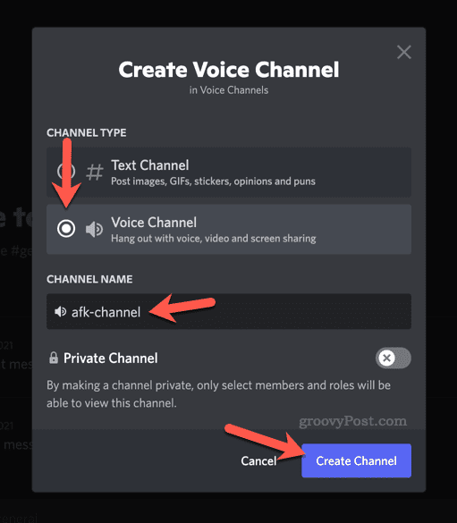 Možnosti nastavenia pre nový hlasový kanál na Discord