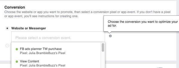 Keď nastavujete reklamnú kampaň s konverziou na webe, vyberte pixel, ktorý sa použije na sledovanie konverzií.