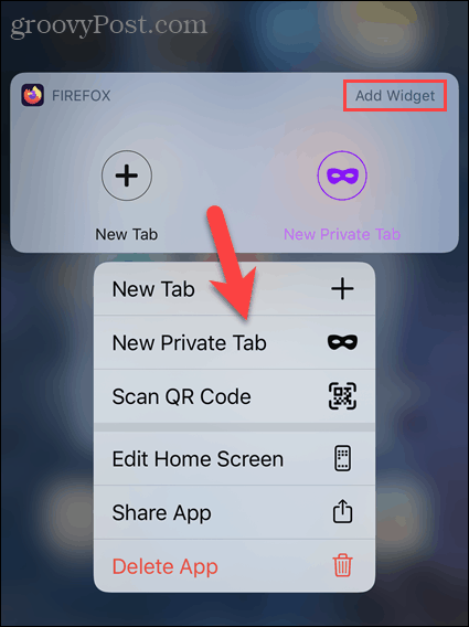 Dlho stlačte ikonu Firefox na iOS a vyberte New Private Tab
