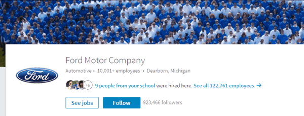 Stránka spoločnosti Ford Motor Company na portáli LinkedIn obsahuje príslušné obrázky a aktuálne podrobnosti.