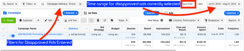 vzorové nastavenia správcu reklám facebook zobrazujúce filter doručenia kampane: chyby vedľa tlačidla filtra, upozorňovanie na zadaný rozsah dátumov a možnosť uložiť filter na ďalšie použitie