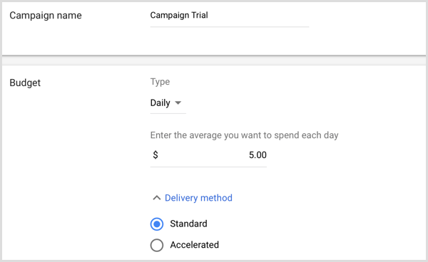 Pridajte názov a rozpočet kampane v službe Google AdWords.