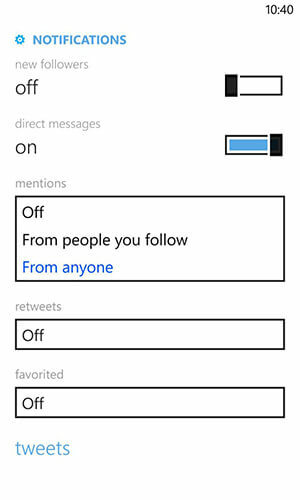 nastavenie upozornení pre Windows Phone twitter
