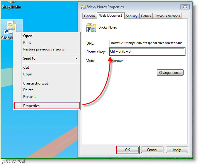 Windows 7 Vytvorenie novej ponuky klávesových skratiek: Snímka obrazovky