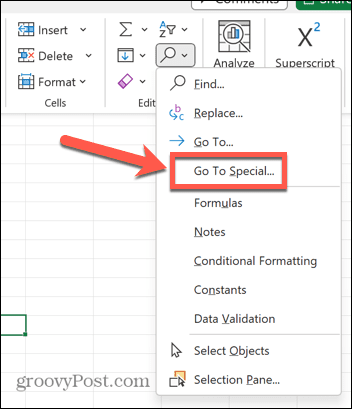 excel prejdite na special