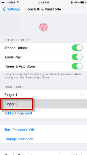 Všetky odtlačky prstov sa zobrazia na obrazovke Touch ID & Passcode Screen