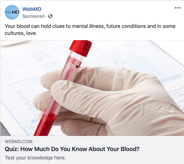 Príklad sponzorovaného kvízu od WebMD.