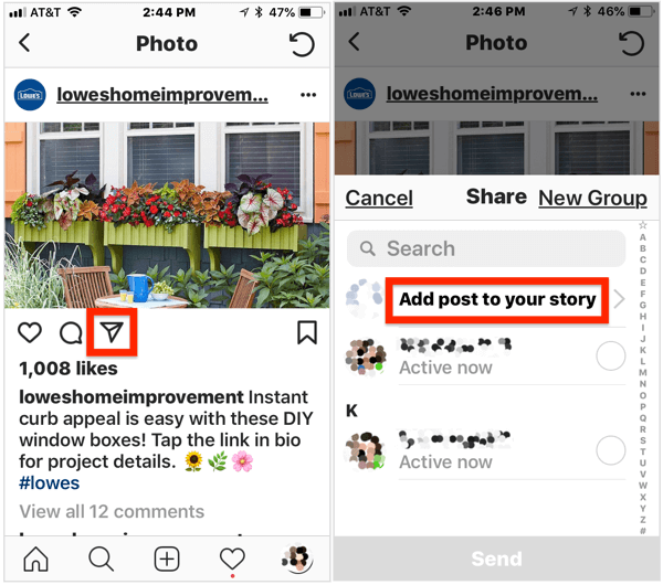 Ak chcete do svojho príbehu na Instagrame pridať verejný príspevok, otvorte príspevok, klepnite na ikonu lietadla pod obrázkom a v rozbaľovacej ponuke vyberte možnosť Pridať príspevok k vášmu príbehu.