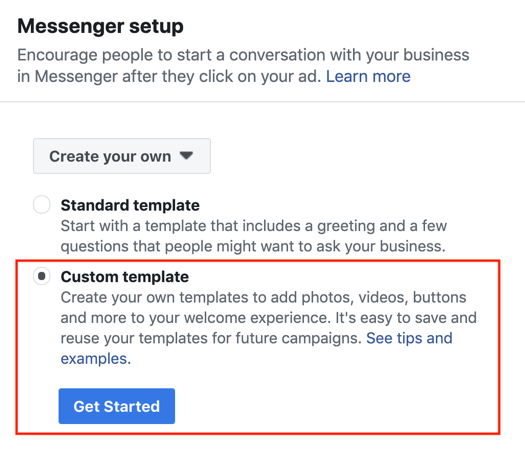 Facebook - reklamy Click to Messenger, krok 3.
