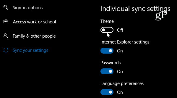 Windows 10 Individuálne nastavenia synchronizácie