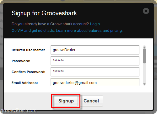 Proces registrácie aplikácie Grooveshark