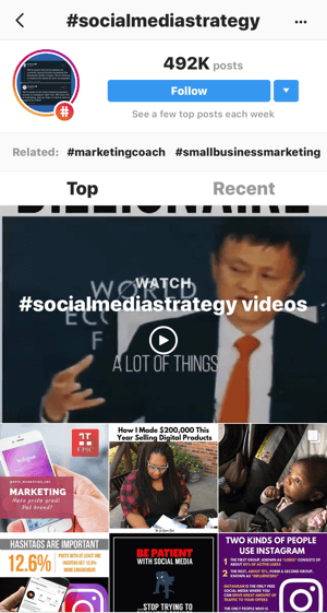 Ako strategicky rozšíriť svoj Instagram podľa kroku 11, vyhľadania relevantných príkladov príspevkov, ukážkového vyhľadávania videí „#socialmediastrategy“