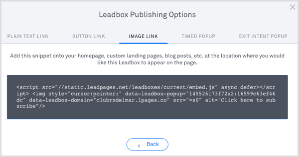 Publikačný kód LeadPages leadbox 