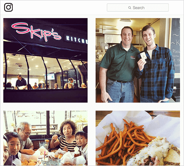 Toto je snímka obrazovky fotiek Instagram označených #skipsdiner. Jeden zobrazuje exteriér reštaurácie, jeden ukazuje muža, ktorý drží kartu, akoby vyhral hru Joker, jeden ukazuje rodinu, ako jedáva za stolom, a druhý ukazuje jedlo, ktoré si niekto objednal. Jay Baer hovorí, že hra Joker je príkladom spúšťača hovoru.