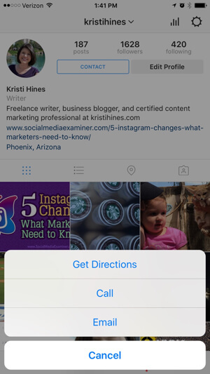 možnosti kontaktu obchodného profilu instagramu