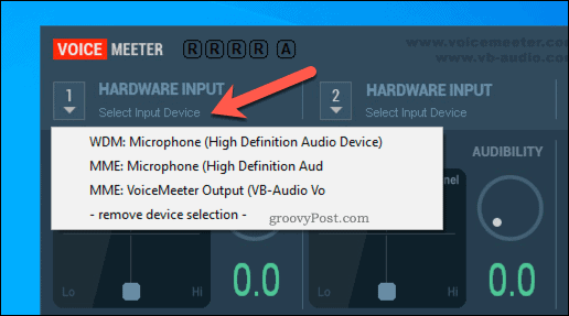 Výber možnosti hardvérového vstupu VoiceMeeter