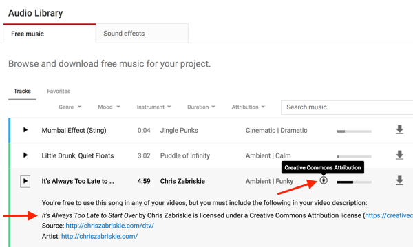Hudobné súbory v zvukovej knižnici YouTube si všimnete, ak potrebujete pripísať pôvodnému autorovi kredit.