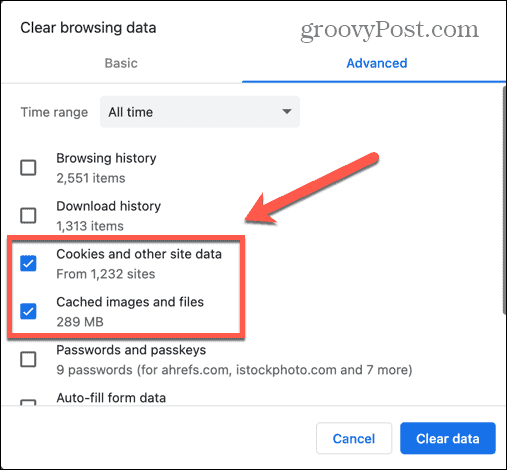 Chrome vyberte súbory cookie a vyrovnávaciu pamäť