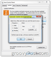 Screenshot: Aktualizácia karty Java Control Panel mesačne