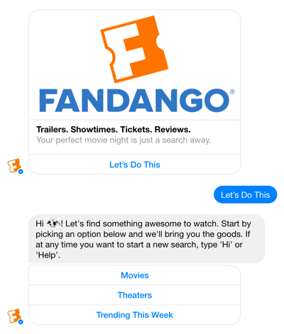 Chatbot spoločnosti Facebook Messenger od spoločnosti Fandango pomáha používateľom pri výbere filmov.