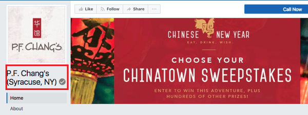 Umiestnenie spoločnosti PF Chang v Syrakúzach, NY má sivý odznak, čo znamená, že ide o overenú stránku na Facebooku.