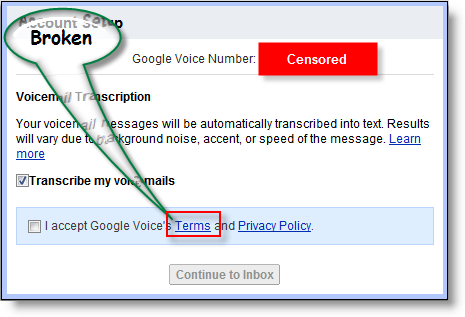 Odkaz na zmluvné podmienky služby Google Voice je prerušený