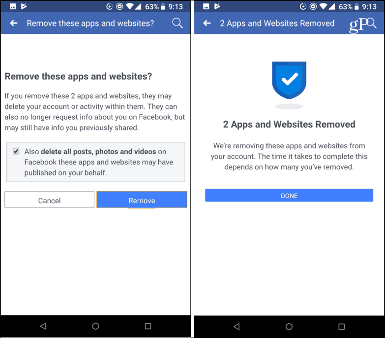 Potvrďte odstránenie aplikácií tretích strán Facebook mobile
