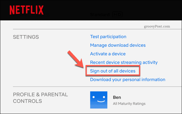 Odhláste sa zo všetkých zariadení Netflix na stránke nastavení účtu Netflix