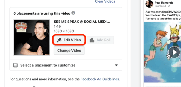 Možnosť Upraviť video pre videoreklamu na Facebooku