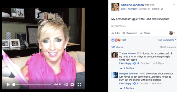 Facebook Video naživo na stránke Chalene na Facebooku.