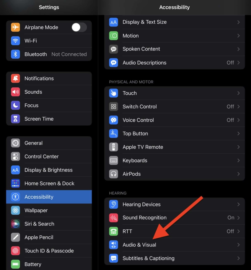 Vyberte Audio & Visual v nastaveniach dostupnosti na vašom iPade