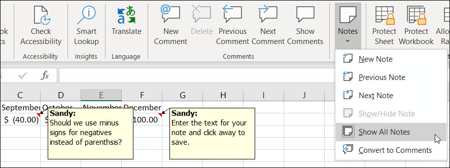Zobraziť všetky poznámky v programe Excel