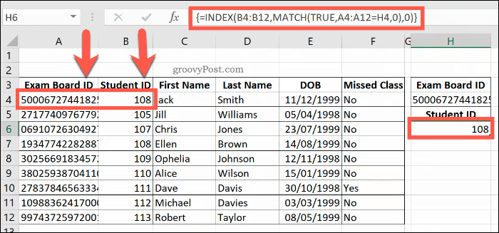 Príklad kombinovaného vzorca INDEX a MATCH v Exceli