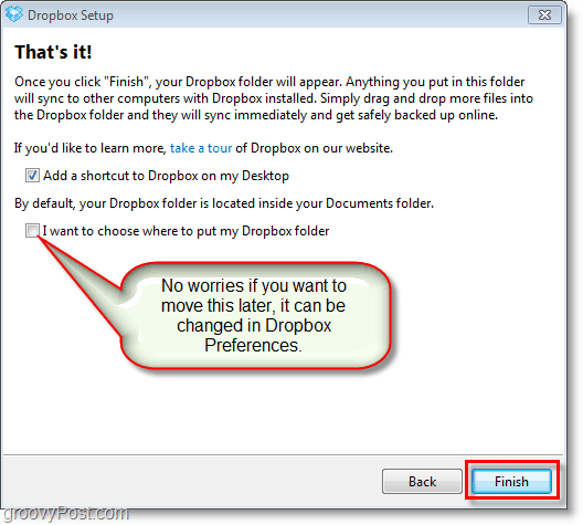 Snímka Dropbox - upravte konečné nastavenia a zmeňte umiestnenie dropboxu