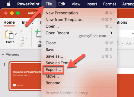 Export prezentácie vo formáte PowerPoint ako videa v systéme Mac