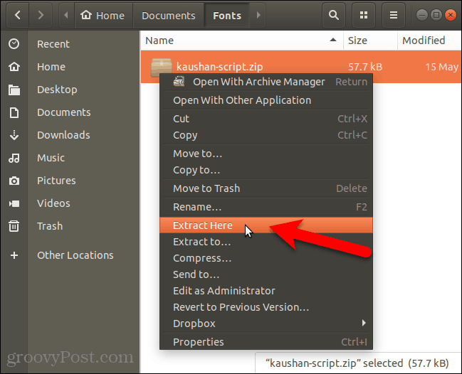 Extrahujte súbor písma v Nautiluse v Ubuntu