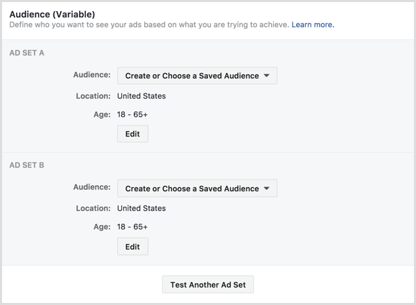 Testovacie reklamné sady rozdelenia reklamných reklám na Facebooku