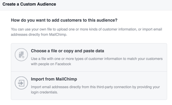 Vyberte, ako chcete nahrať informácie o zákazníkovi, aby ste vytvorili svoje vlastné publikum na Facebooku.
