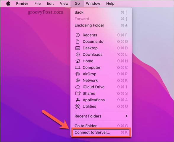 Otvorenie možnosti Mac Finder Pripojiť k serveru