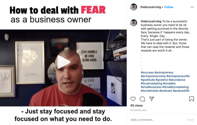 Príspevok Bruca Irvinga na Instagrame o tom, ako sa vyrovnať so strachom ako vlastník firmy